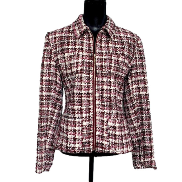 Territories Wool Boucle Windowpane Plaid Zip Blazer Jacket Size 10 - Picture 1 of 8